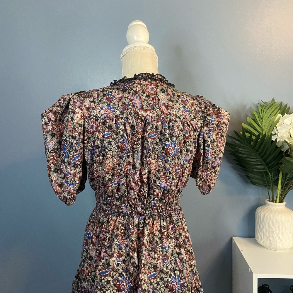 INA Dark Floral Puffy Short Sleeve Smocked Tiered Mini Dress - Picture 11 of 13